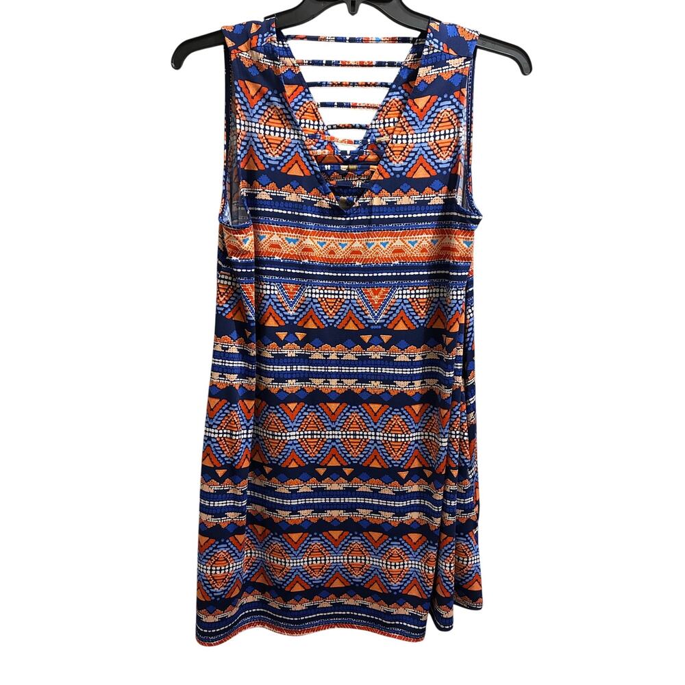 AGB Boho Tribal Print Cage-Back Tunic Dress with Pockets